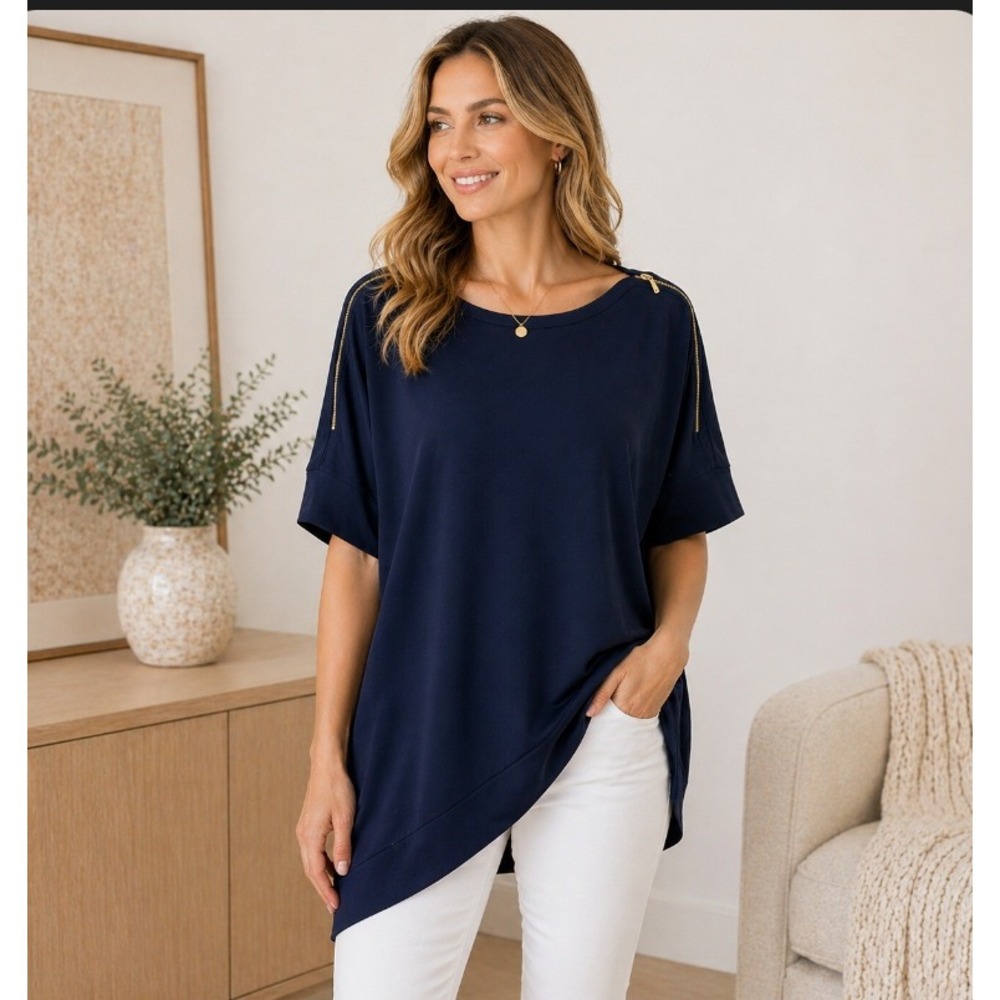 Chico's Zipper Shoulder Top Shirt Blouse Women's 2 (10-12) Large Navy Blue SS